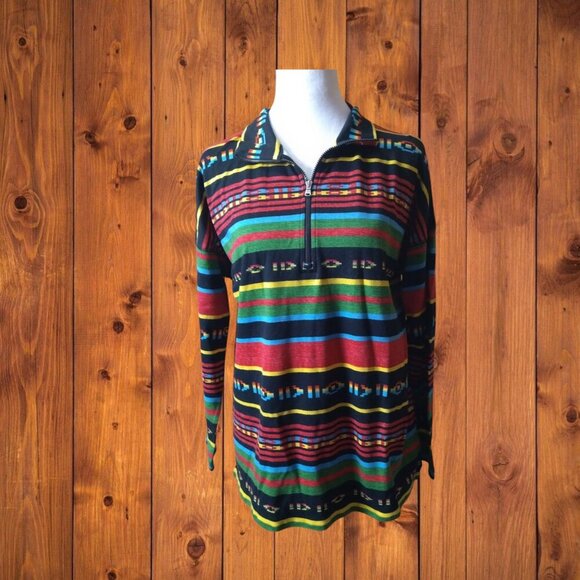 Chaps Sport Women's Medium Long Sleeve 1/2 Zip Pullover Sweater Strip Aztec - Picture 1 of 5